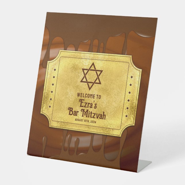 Brown Gold Chocolate Bar Mitzvah or Bat Mitzvah Pedestal Sign (Front)