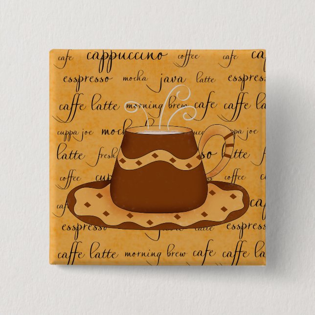 Brown Gold Coffee Cup Art on Script Background 15 Cm Square Badge (Front)