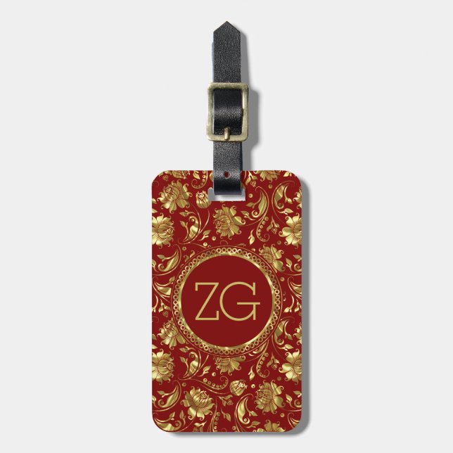 Brown & Gold Damask Pattern Luggage Tag (Front Vertical)