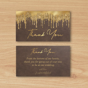 brown gold dripping glitters thank you wedding card
