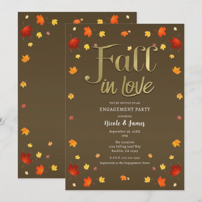 Brown & Gold Fall in Love Leaves Engagement Party Invitation (Front/Back)
