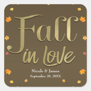 Brown & Gold Fall in Love Leaves Engagement Party Square Sticker