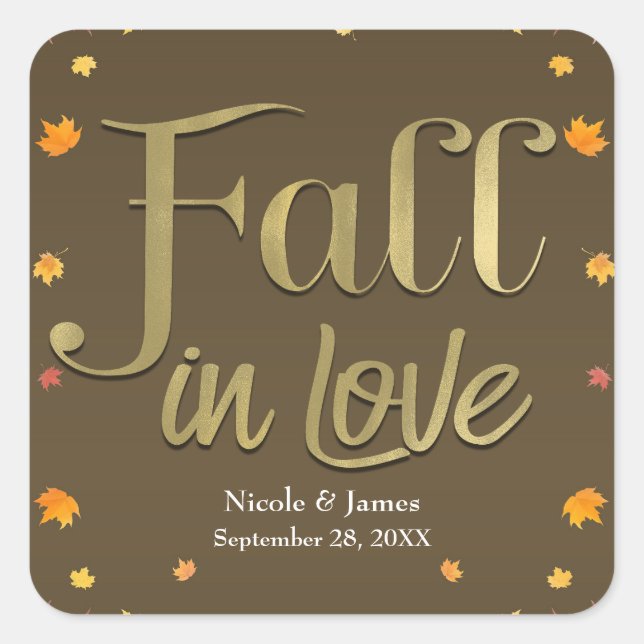 Brown & Gold Fall in Love Leaves Engagement Party Square Sticker (Front)