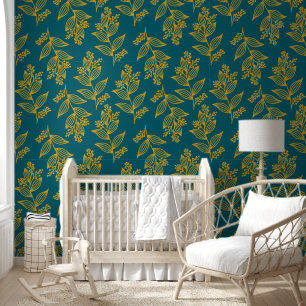 Brown Gold Flower Botanical Dark Teal Floral Wallpaper