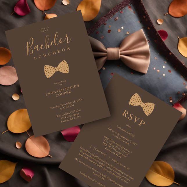 Brown Gold Fun Polka Dots Bow Bachelor Luncheon Invitation (Brown & Fake Gold Chic Funny Bow Tie with Polka Dots Bachelor Luncheon Invitation with Envelope.)