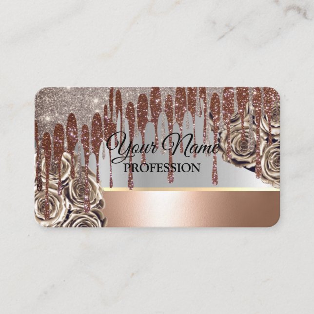 Brown Gold Glitter Sparkling Drips Business Card (Front)