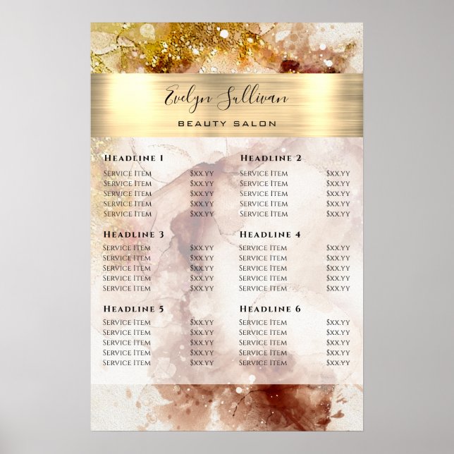 Brown gold glitter watercolor price list poster (Front)