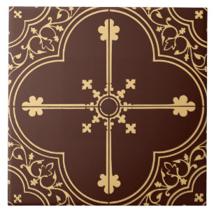 Brown & Gold Gothic Clover Cross Vintage Antique Tile