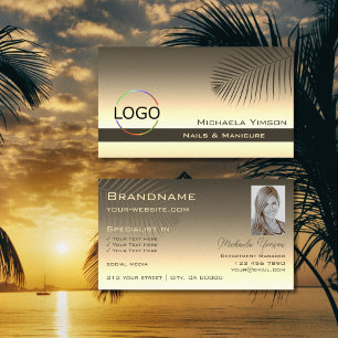 Brown Gold Gradient Palm Leaf with Logo and Photo Business Card