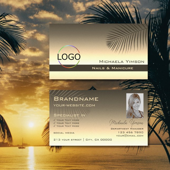 Brown Gold Gradient Palm Leaf with Logo and Photo Business Card (Creator Uploaded)
