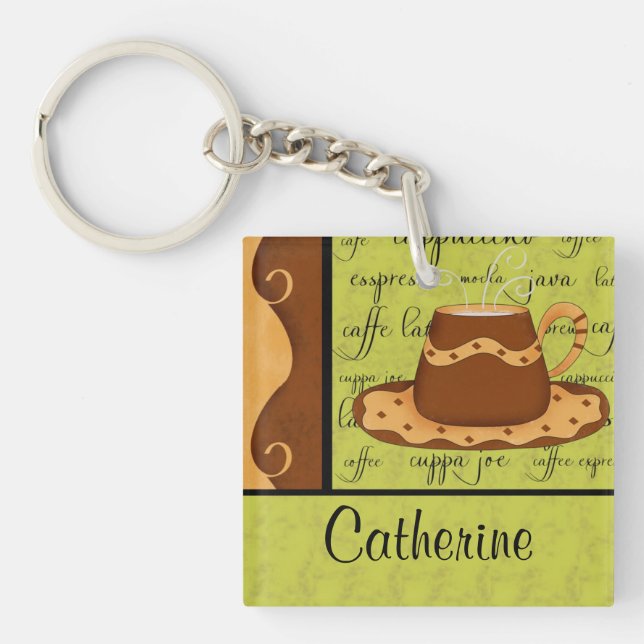 Brown Gold Green Chequerboard Coffee Cup Art Name Key Ring (Front)