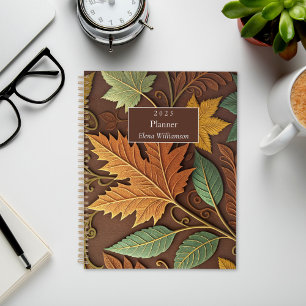 Brown, Gold & Green Embossed Autumn Leaves Planner