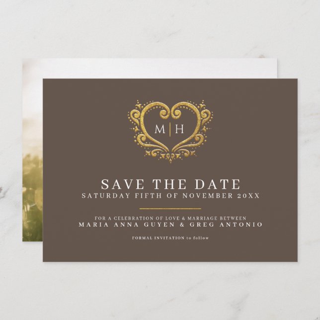 Brown gold heart photo wedding save the date (Front/Back)