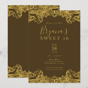 Brown & Gold Lace Elegant Sweet 16 Party   Invitation