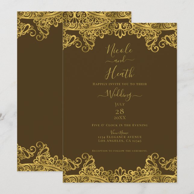 Brown & Gold Lace Elegant Wedding    Invitation (Front/Back)
