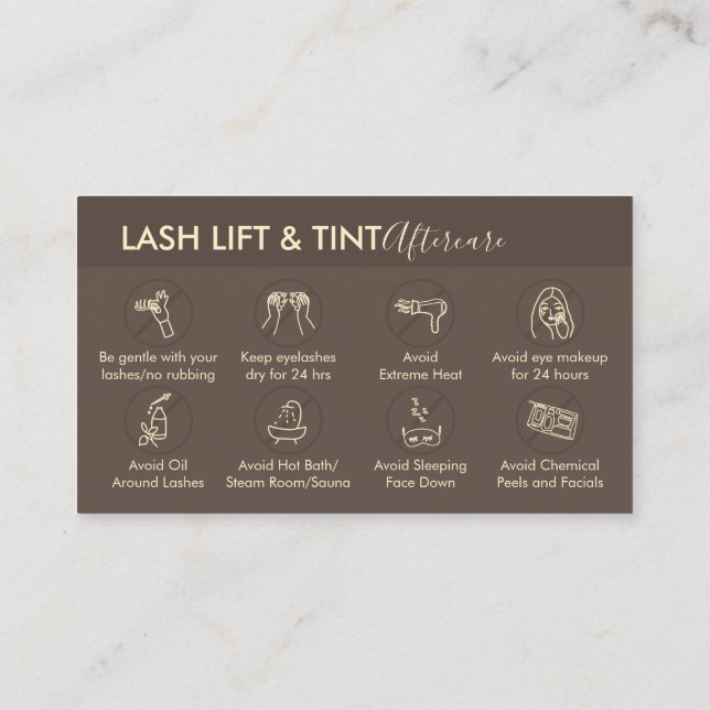 Brown Gold Lash Lift Tint Aftercare Instructions Business Card (Back)