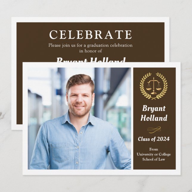 Brown & Gold Law School Photo Graduation Party Invitation (Front/Back)