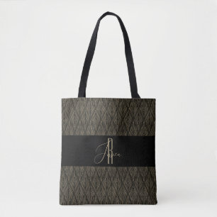 Brown gold Leave leather pattern & monogram Tote Bag