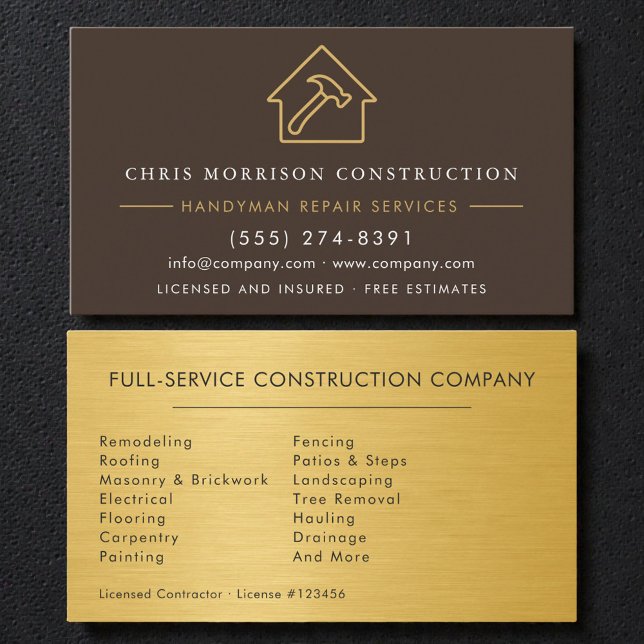 Brown Gold Metal Handyman Construction Business Card (Creator Uploaded)