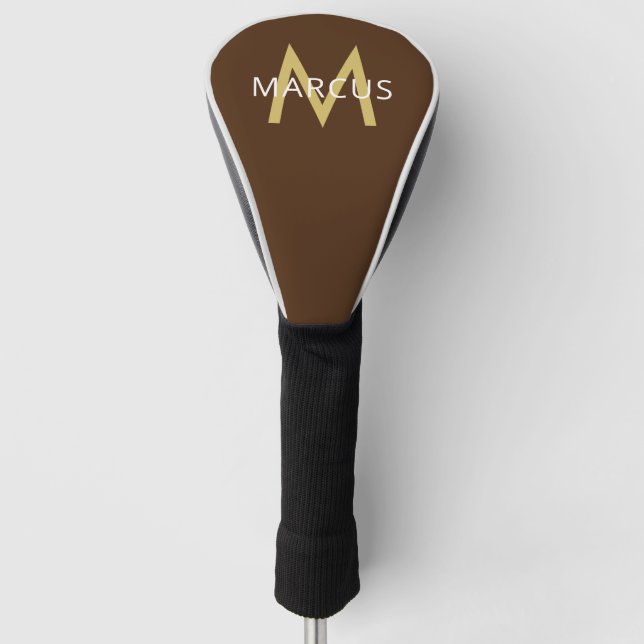 Brown Gold Personalised Name on Modern Driver Golf Head Cover (Front)