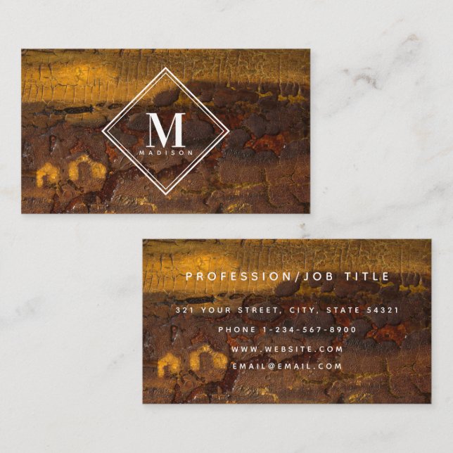 Brown Gold Rust Metallic Texture Monogram Initial Business Card (Front/Back)