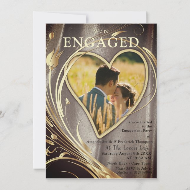Brown/Gold Satin  & Gold flower Engagement Invitation (Front)