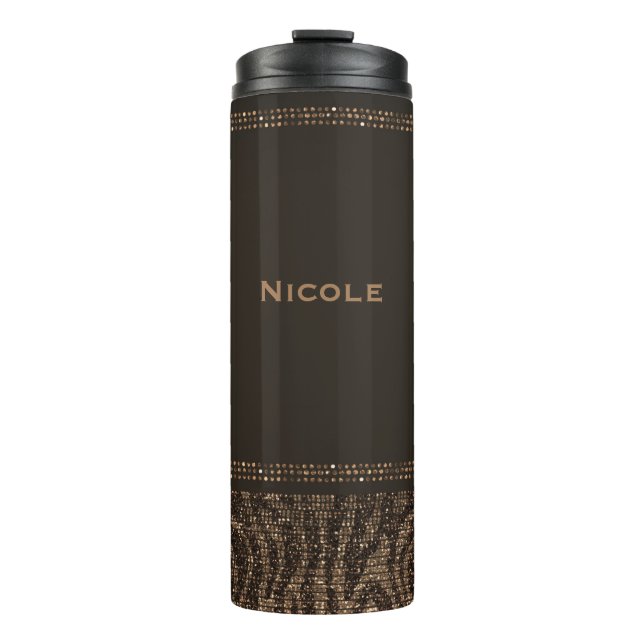 Brown & Gold Sparkle Zebra Print Glamourous Chic Thermal Tumbler (Front)