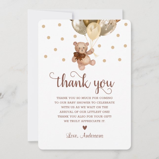 Brown Gold Teddy Bear Beary Much Baby Shower  Thank You Card (Front)