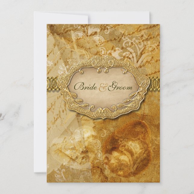 Brown gold vintage victorian weding invitation (Front)