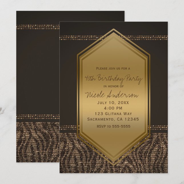 Brown Gold Zebra Print Birthday Party Any Event Invitation (Front/Back)