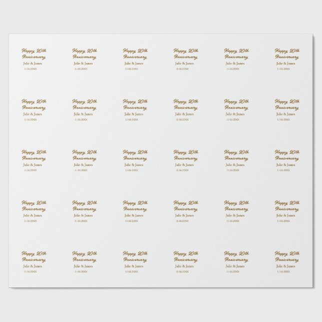 Brown golden happy 20th anniversary name datsimple wrapping paper (Flat)