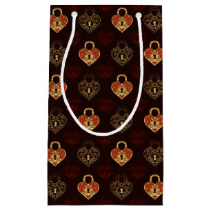 Brown & Golden Locked Hearts Patterned Gift Bag