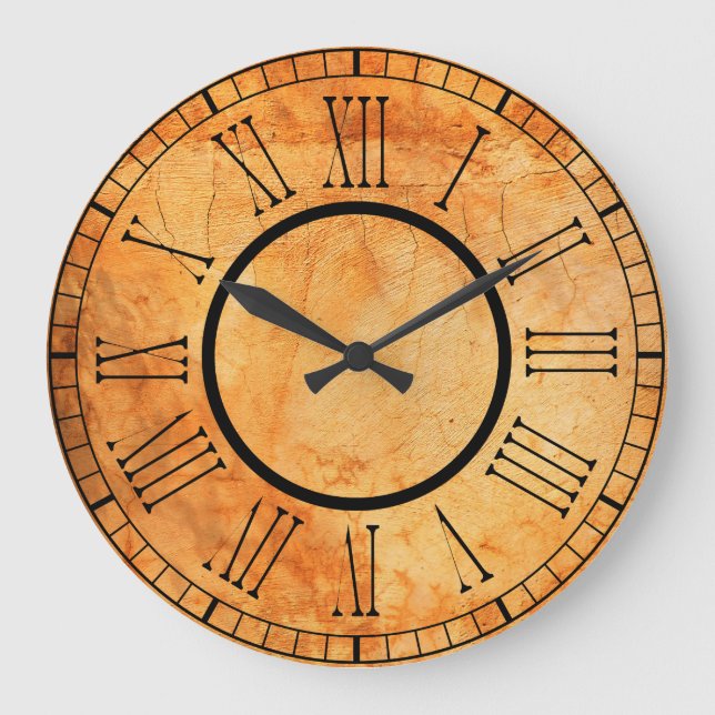 Brown golden terracotta brick wall roman numbers large clock (Front)