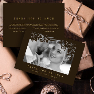 Brown & Golden Vintage Retro Ornament Frame Photo Thank You Card
