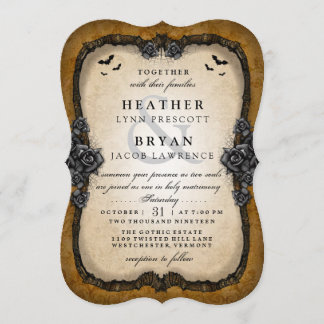 Brown Gothic Bats Halloween Wedding RECEPTION Back Invitation