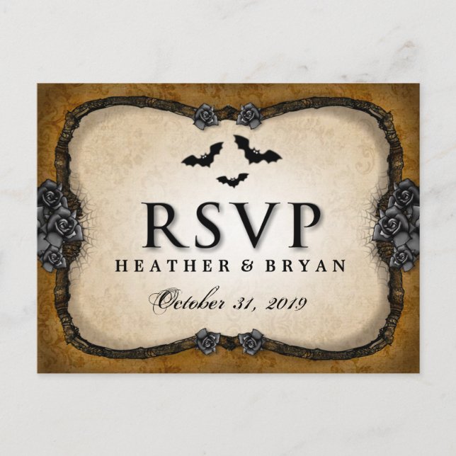 Brown Gothic Bats & Roses RSVP Matching PostCard (Front)