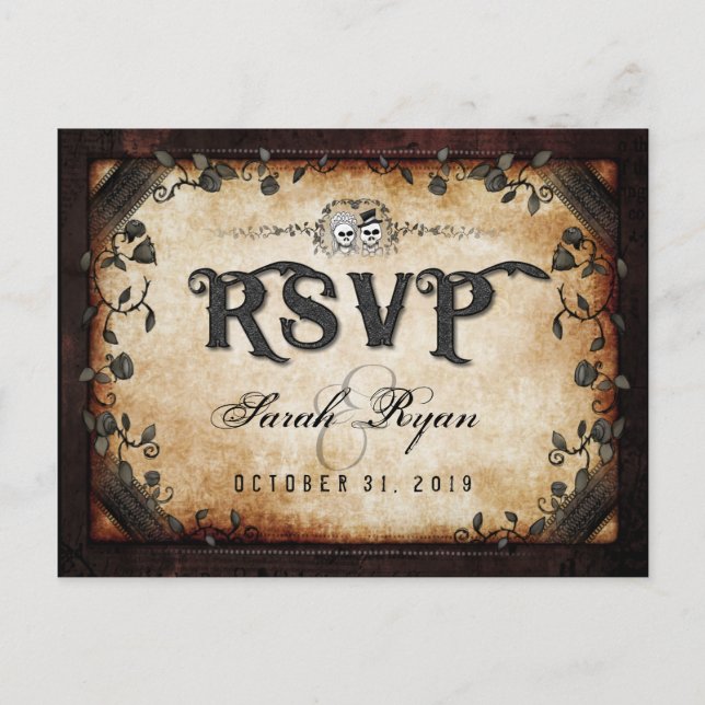 Brown Gothic Halloween Skeleton Matching MENU RSVP (Front)