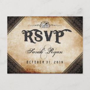 Brown Gothic Halloween Skeletons Matching RSVP Invitation Postcard