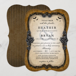 Brown Gothic Roses & Bats Halloween Wedding Invite