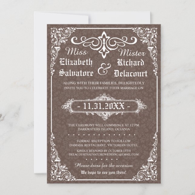 Brown Gothic Victorian Damask Wedding Invites (Front)