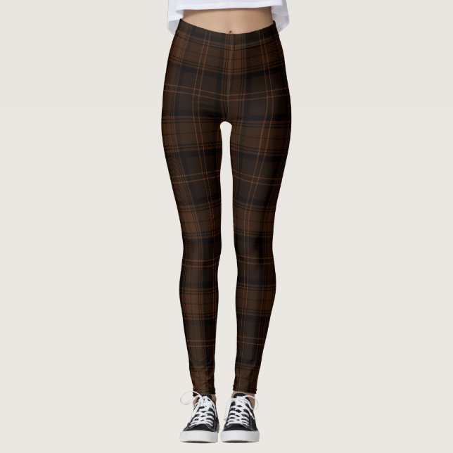 Brown, Graphite, Bronze, Black Twill Tartan; Plaid Leggings (Front)