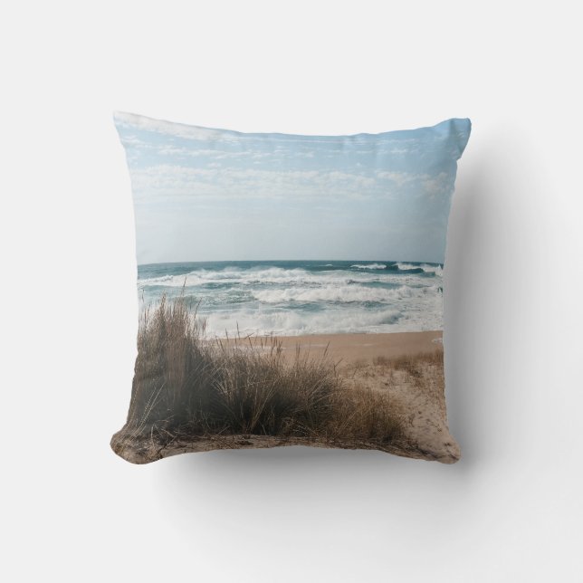 BROWN GRASS NEAR SEA UNDER BLUE SKY CUSHION (Front)