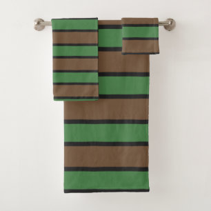 Brown, Green and Black Stripes Bath Towel Set