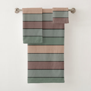 Brown Green And Black Stripes On Watercolor Paper Bath Towel Set