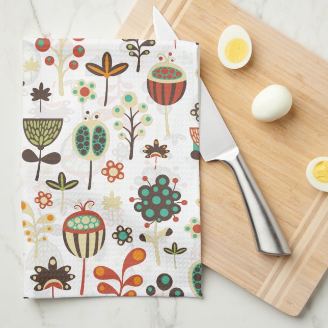 Brown Green And Red Abstract Flowers Tea Towel (Quarter Fold)