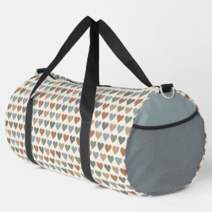 BROWN GREEN BLUE ROWS OF HEARTS DUFFLE BAG