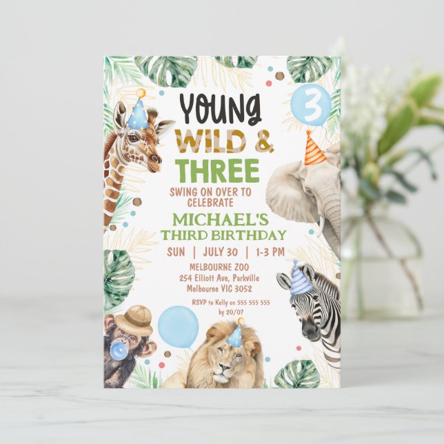Brown Green Blue Young Wild Three 3rd Birthday Invitation (Standing Front)