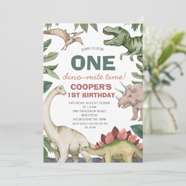 Brown Green Foliage Dinosaur Birthday Invitation (Standing Front)
