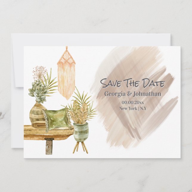 Brown green gold boho macrame country pot plants save the date (Front)