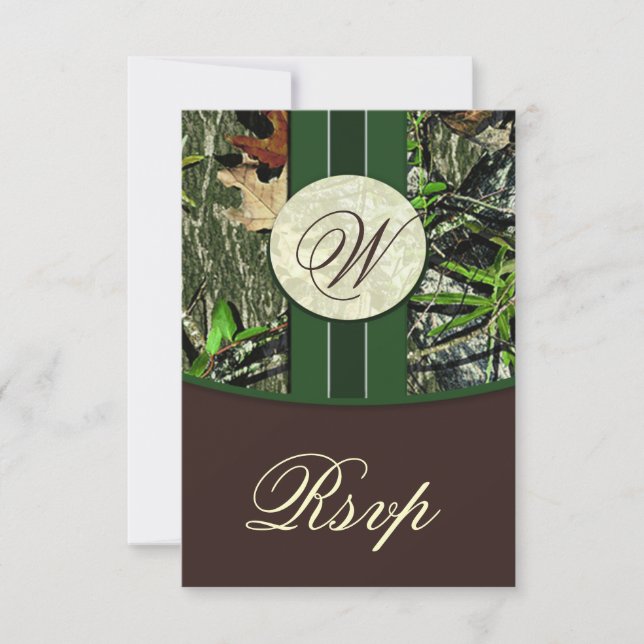Brown & Green Monogram Camo Wedding RSVP Cards (Front)